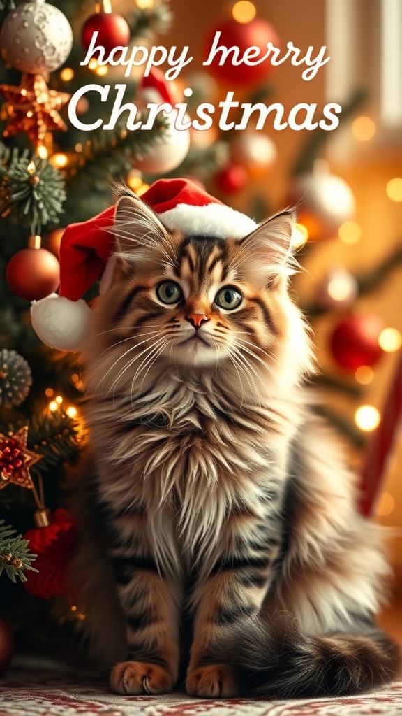 A cute cat in a Santa hat beside a Christmas tree, surrounded by holiday decorations.
